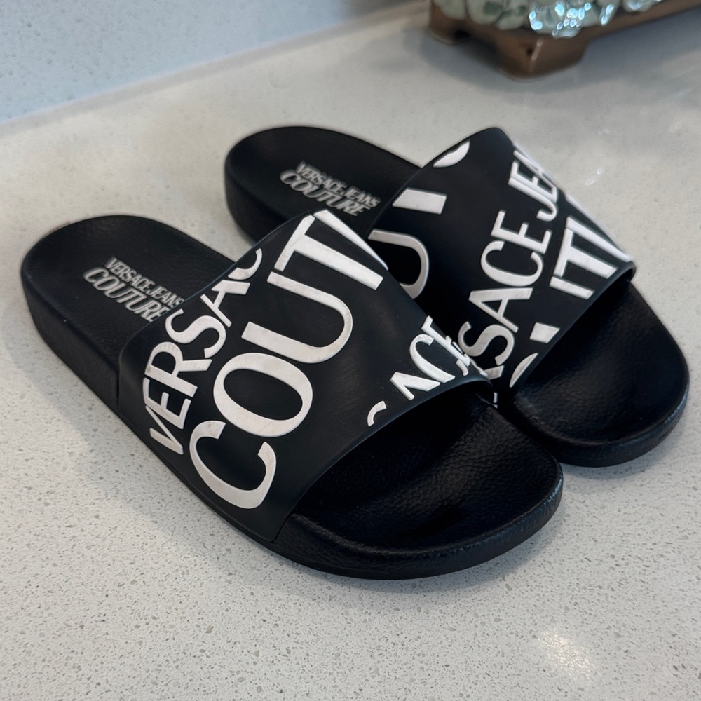 Versace Black and White Logo Slide Sandals